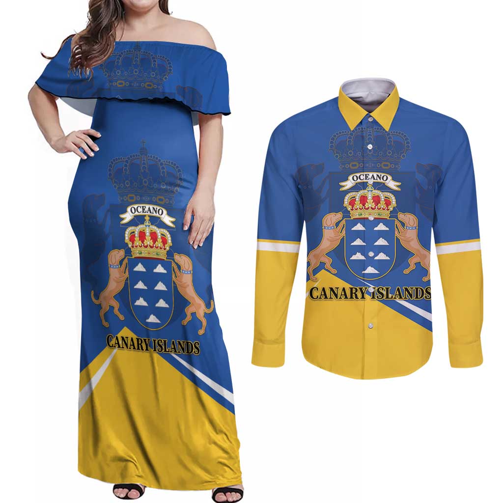 Personalized Dia de Canarias Couples Matching Off Shoulder Maxi Dress and Long Sleeve Button Shirt Las Islas Afortunadas