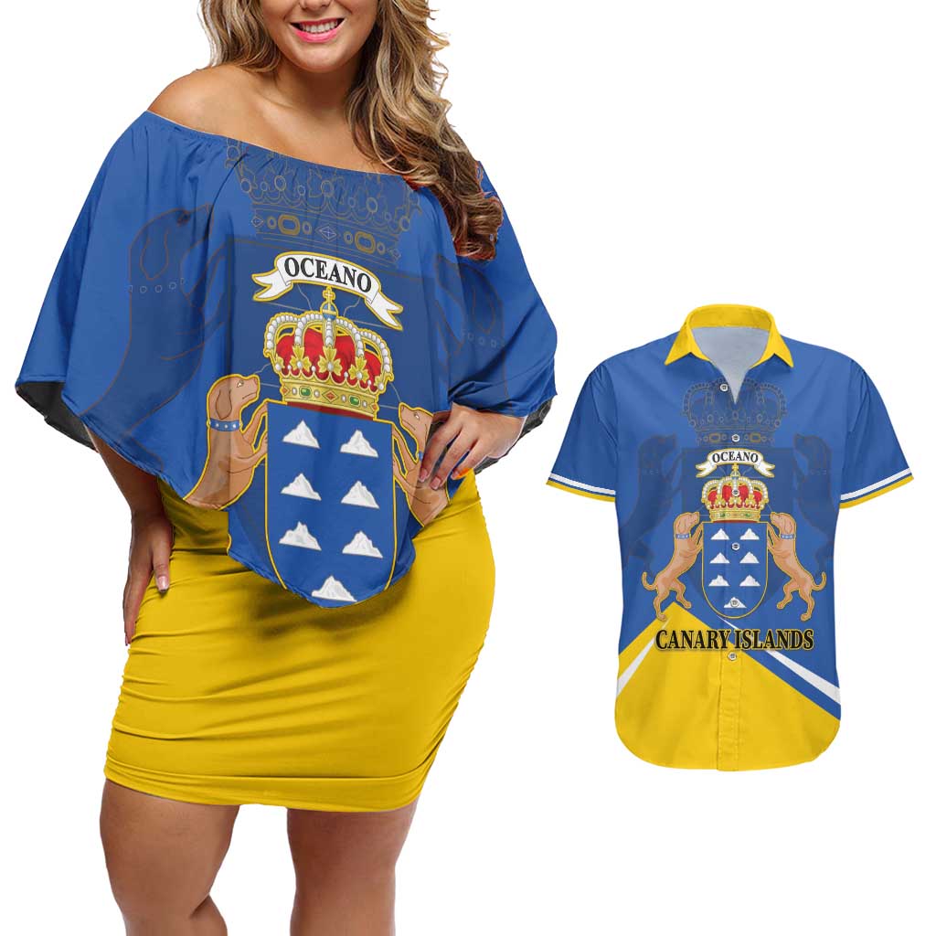 Personalized Dia de Canarias Couples Matching Off Shoulder Short Dress and Hawaiian Shirt Las Islas Afortunadas