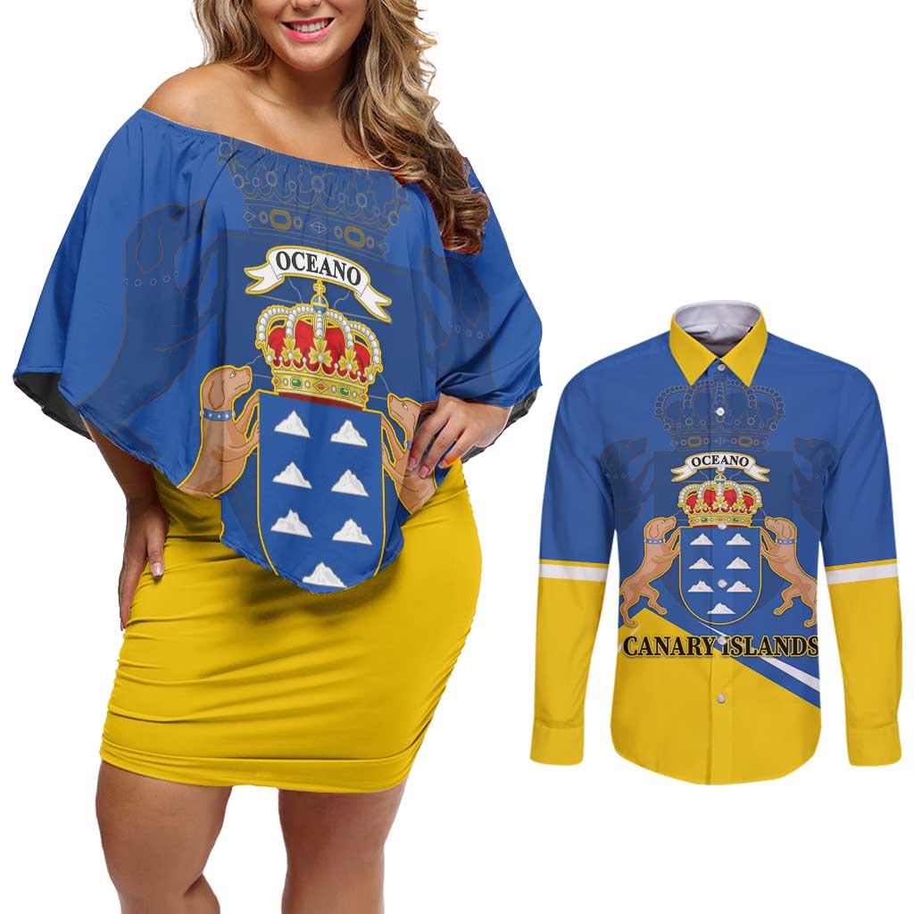 Personalized Dia de Canarias Couples Matching Off Shoulder Short Dress and Long Sleeve Button Shirt Las Islas Afortunadas