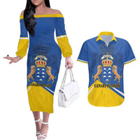 Personalized Dia de Canarias Couples Matching Off The Shoulder Long Sleeve Dress and Hawaiian Shirt Las Islas Afortunadas