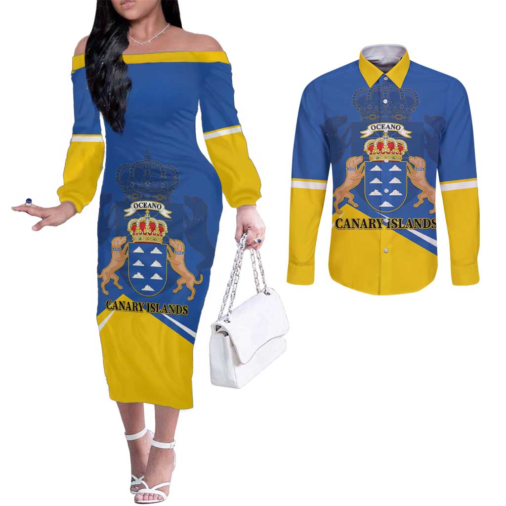 Personalized Dia de Canarias Couples Matching Off The Shoulder Long Sleeve Dress and Long Sleeve Button Shirt Las Islas Afortunadas