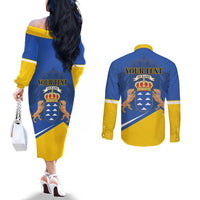 Personalized Dia de Canarias Couples Matching Off The Shoulder Long Sleeve Dress and Long Sleeve Button Shirt Las Islas Afortunadas
