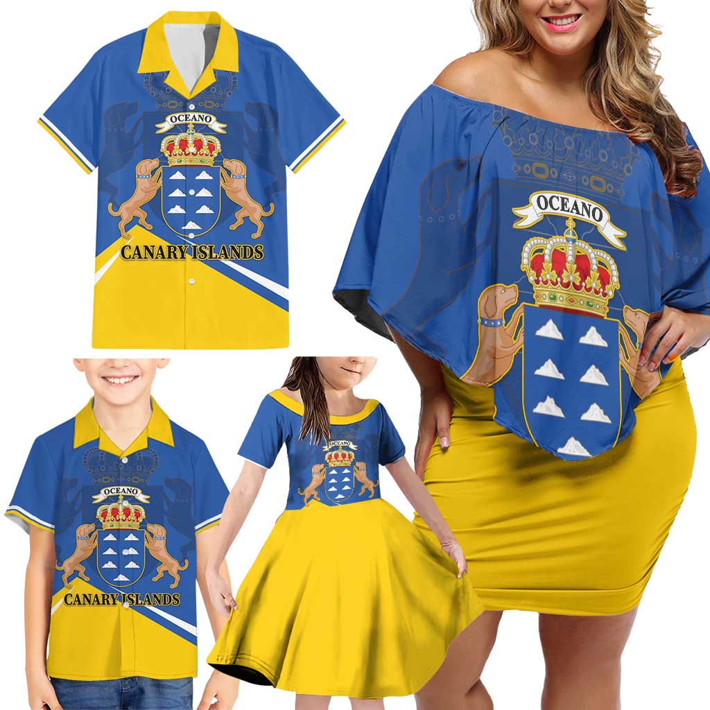 Personalized Dia de Canarias Family Matching Off Shoulder Short Dress and Hawaiian Shirt Las Islas Afortunadas