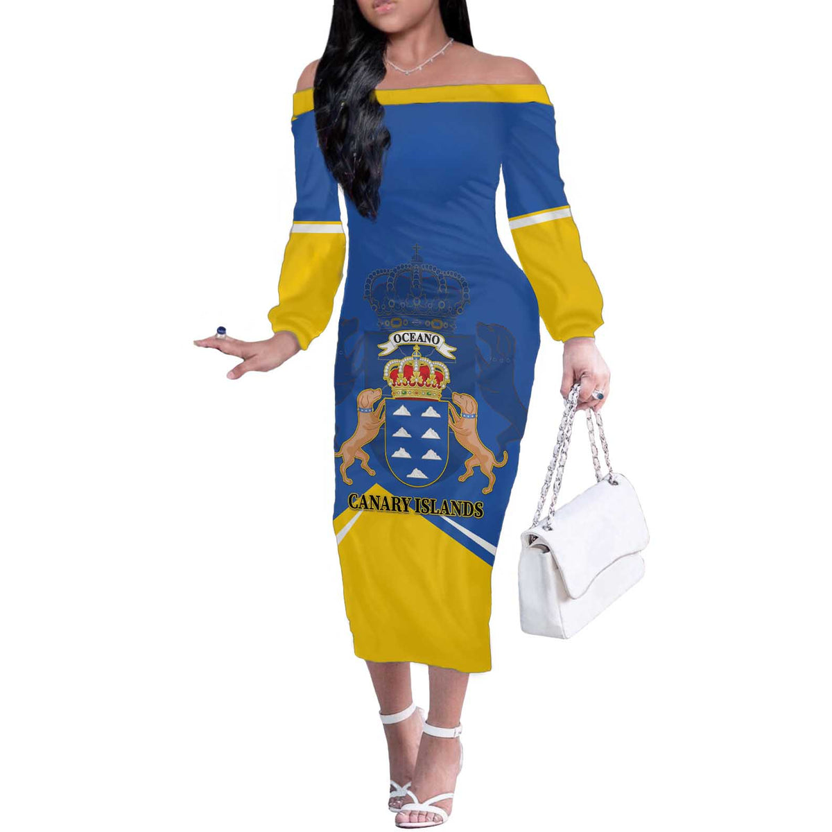 Personalized Dia de Canarias Off The Shoulder Long Sleeve Dress Las Islas Afortunadas