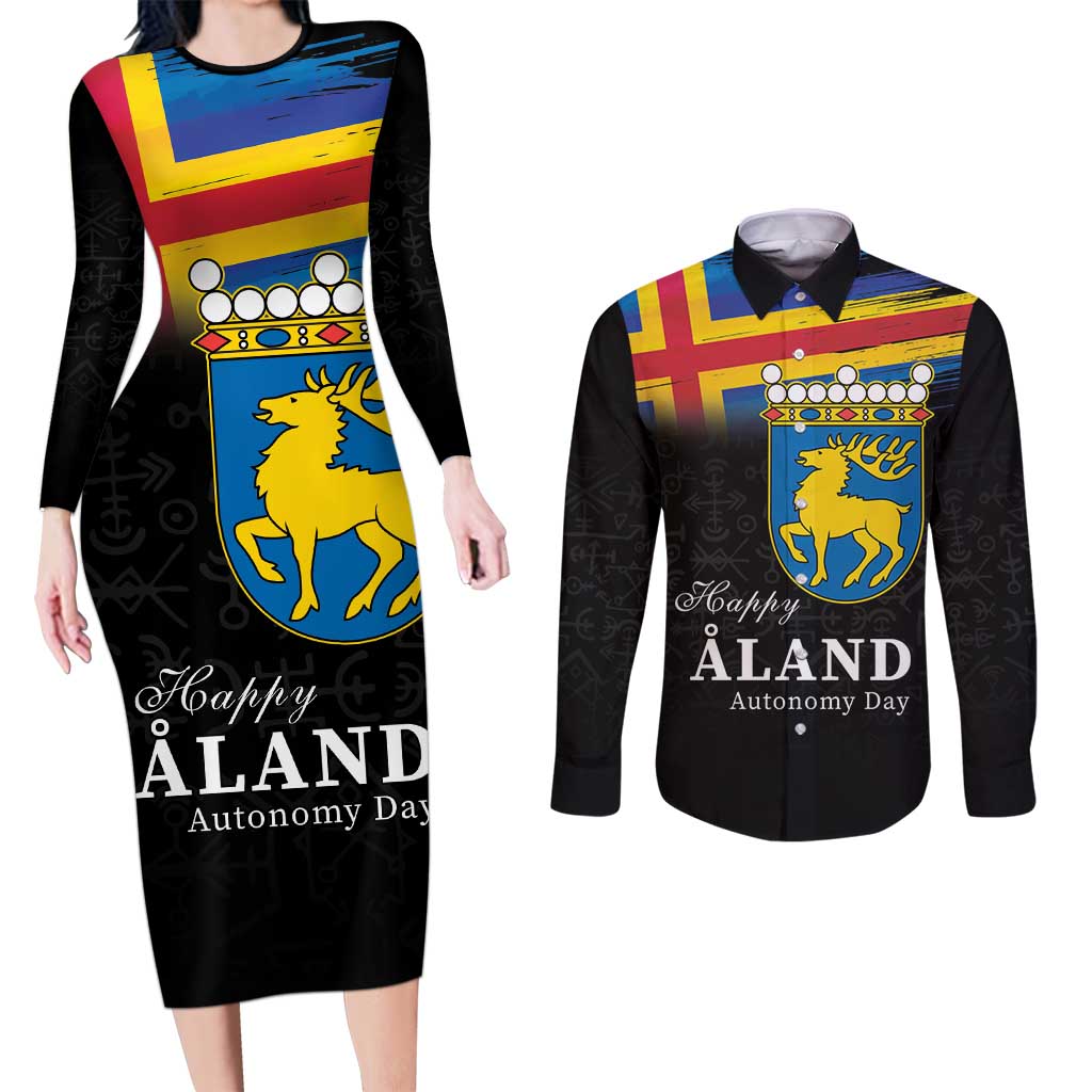 Happy Aland's Autonomy Day Couples Matching Long Sleeve Bodycon Dress and Long Sleeve Button Shirt Coat Of Arms