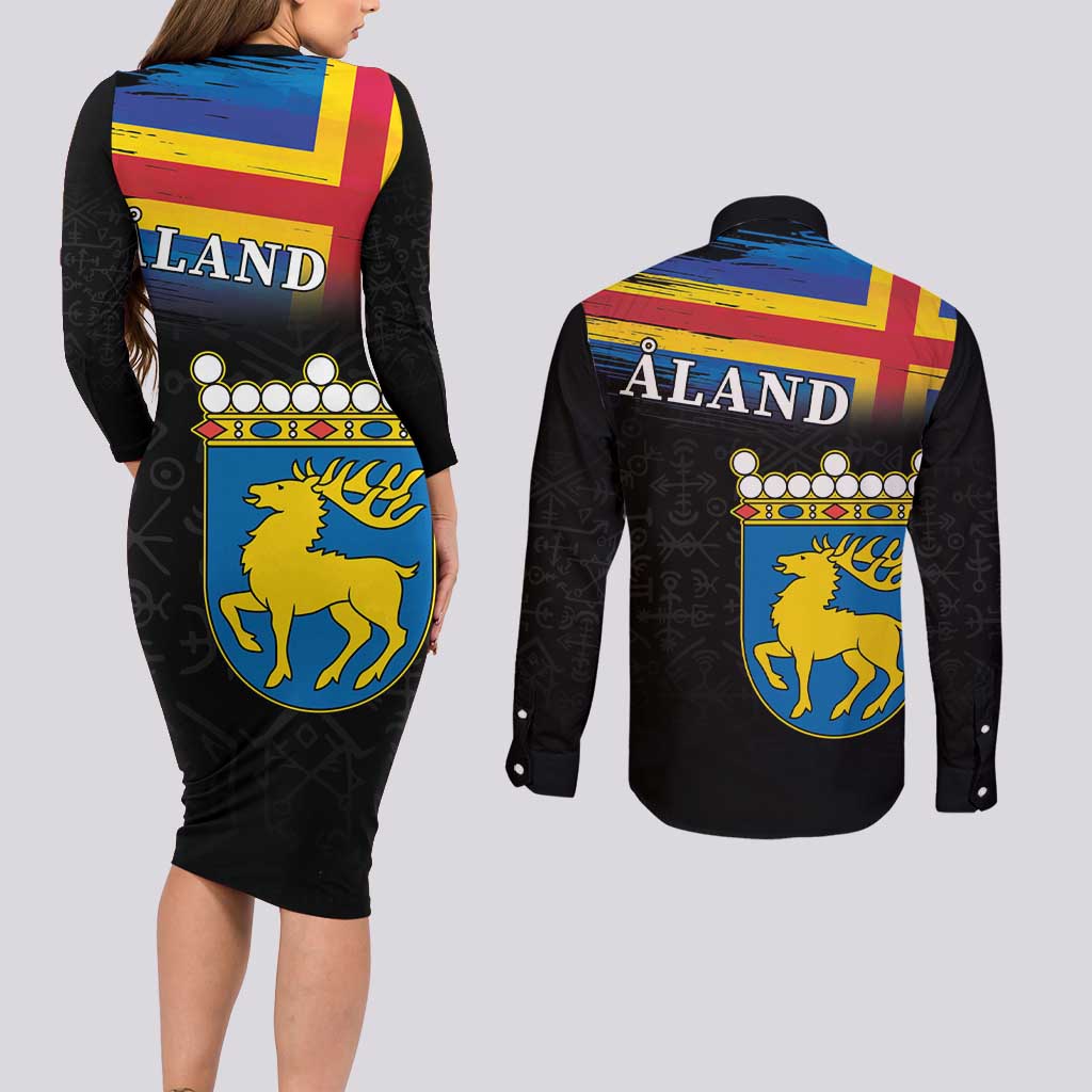 Happy Aland's Autonomy Day Couples Matching Long Sleeve Bodycon Dress and Long Sleeve Button Shirt Coat Of Arms