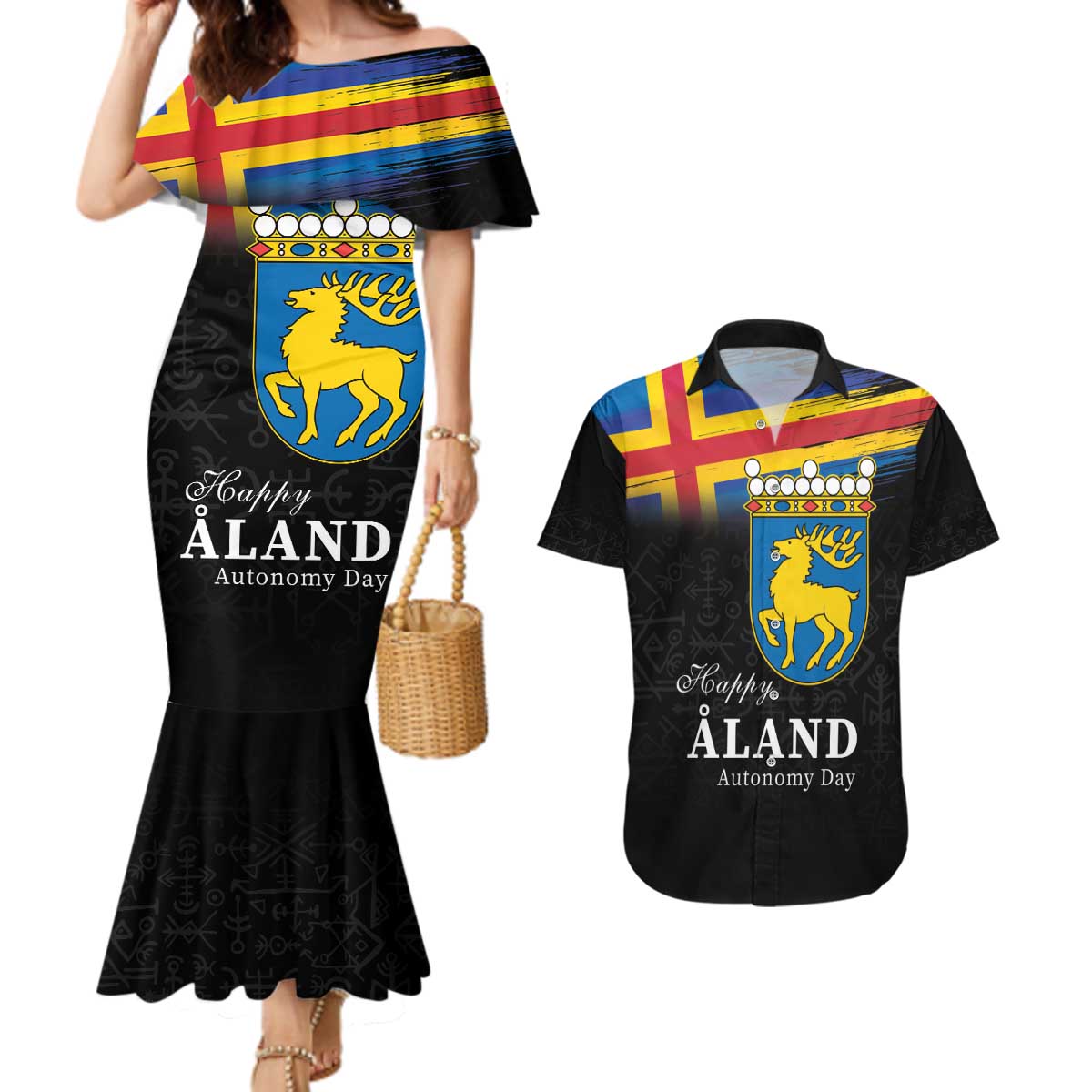 Happy Aland's Autonomy Day Couples Matching Mermaid Dress and Hawaiian Shirt Coat Of Arms