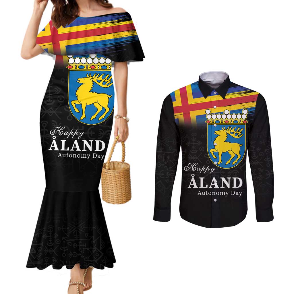 Happy Aland's Autonomy Day Couples Matching Mermaid Dress and Long Sleeve Button Shirt Coat Of Arms