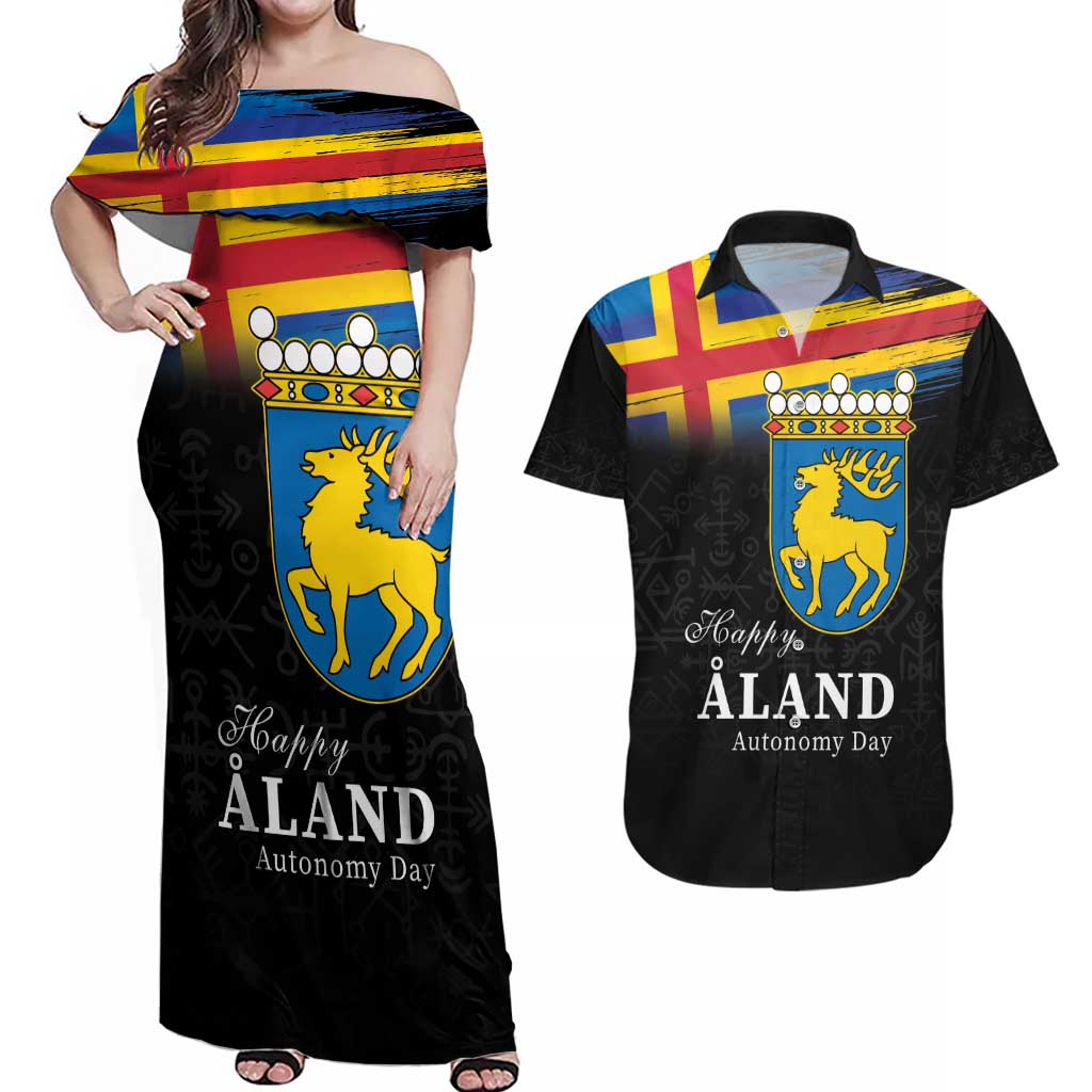 Happy Aland's Autonomy Day Couples Matching Off Shoulder Maxi Dress and Hawaiian Shirt Coat Of Arms