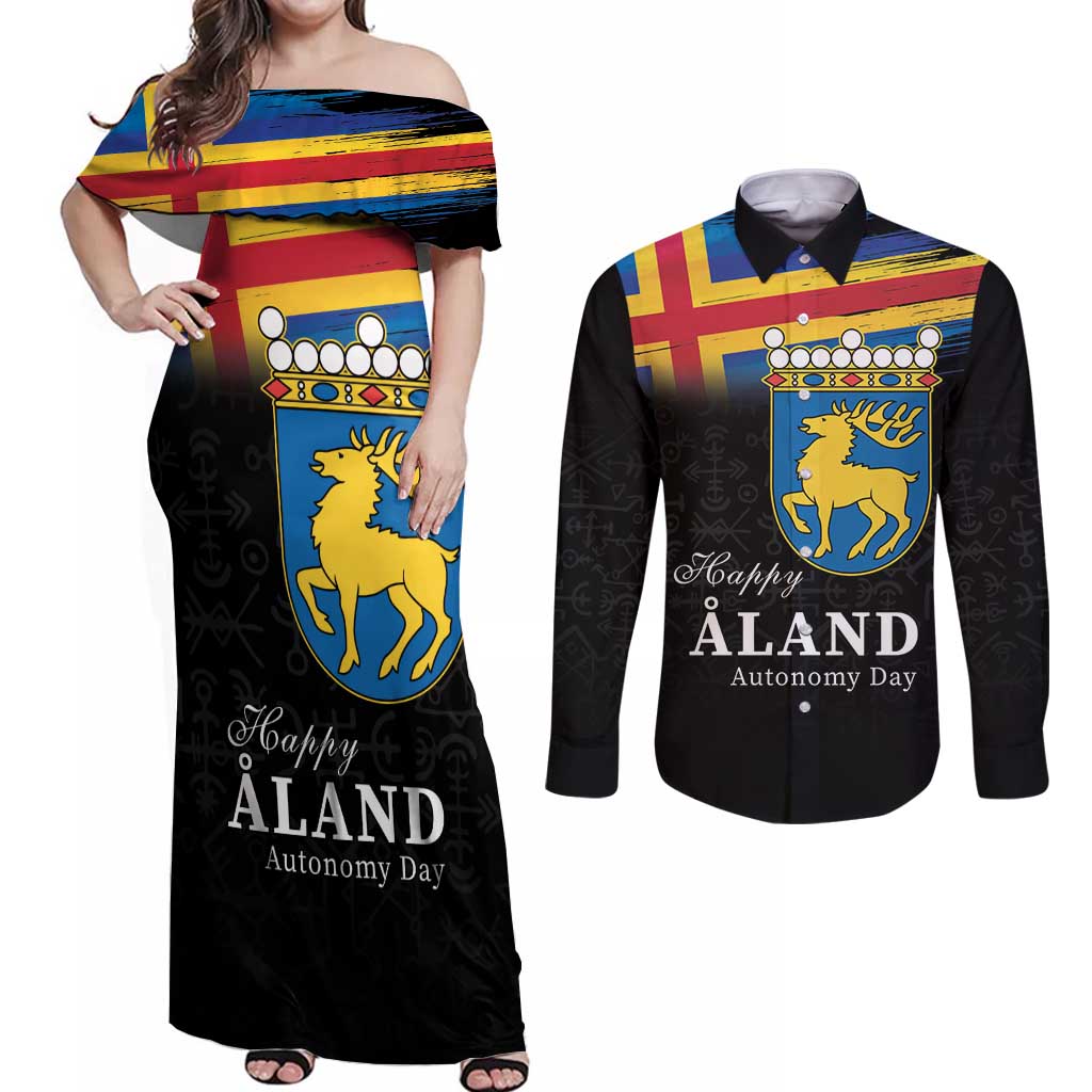 Happy Aland's Autonomy Day Couples Matching Off Shoulder Maxi Dress and Long Sleeve Button Shirt Coat Of Arms
