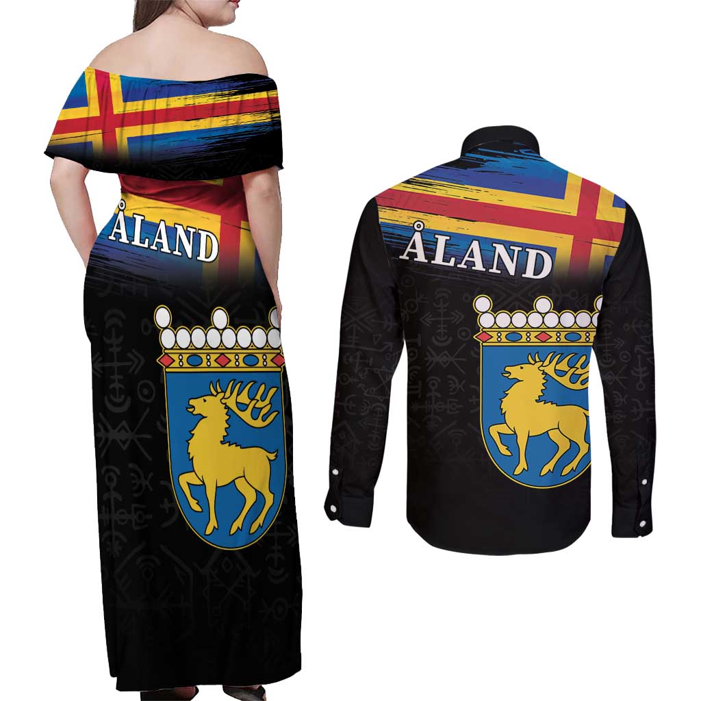 Happy Aland's Autonomy Day Couples Matching Off Shoulder Maxi Dress and Long Sleeve Button Shirt Coat Of Arms