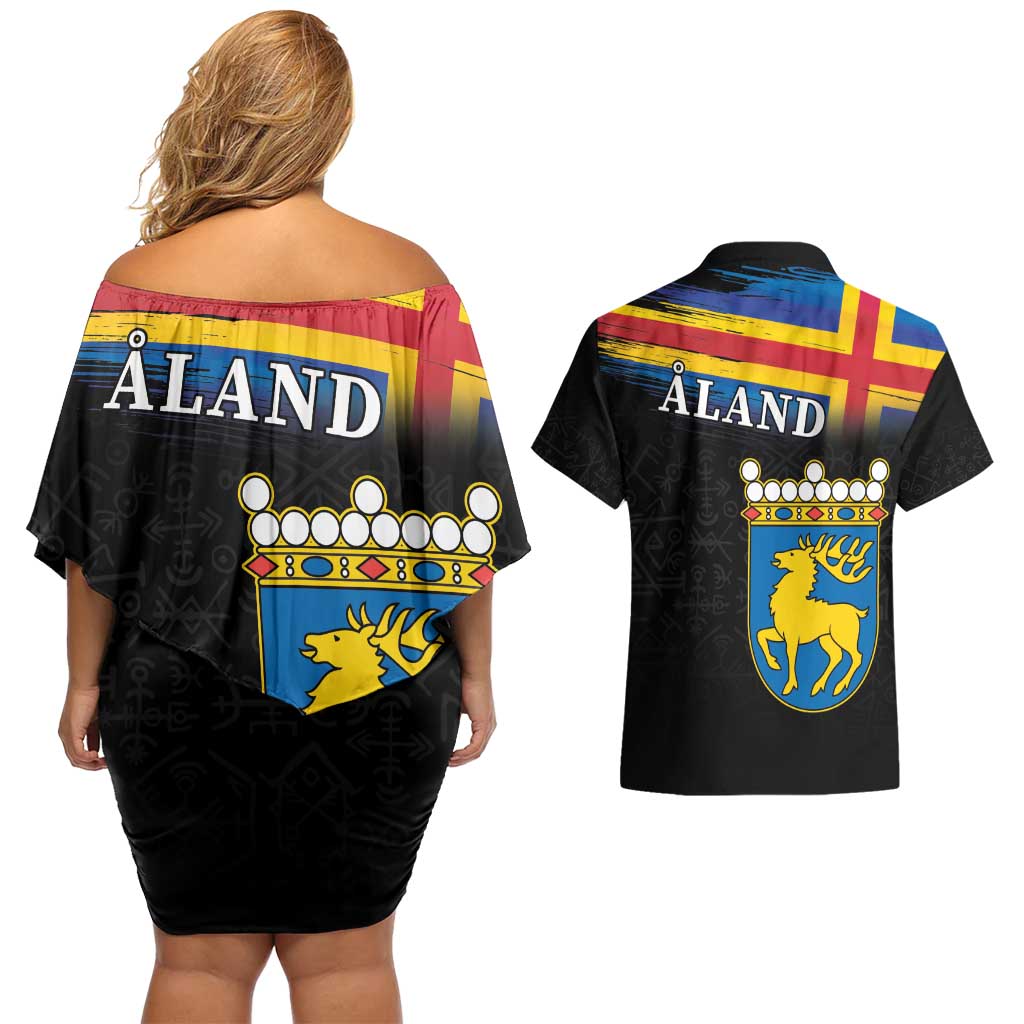Happy Aland's Autonomy Day Couples Matching Off Shoulder Short Dress and Hawaiian Shirt Coat Of Arms