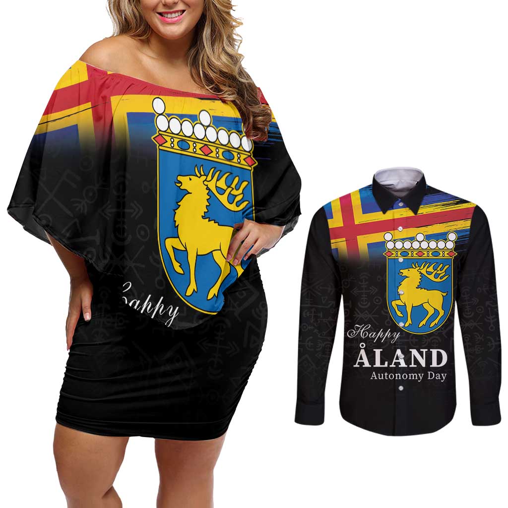 Happy Aland's Autonomy Day Couples Matching Off Shoulder Short Dress and Long Sleeve Button Shirt Coat Of Arms