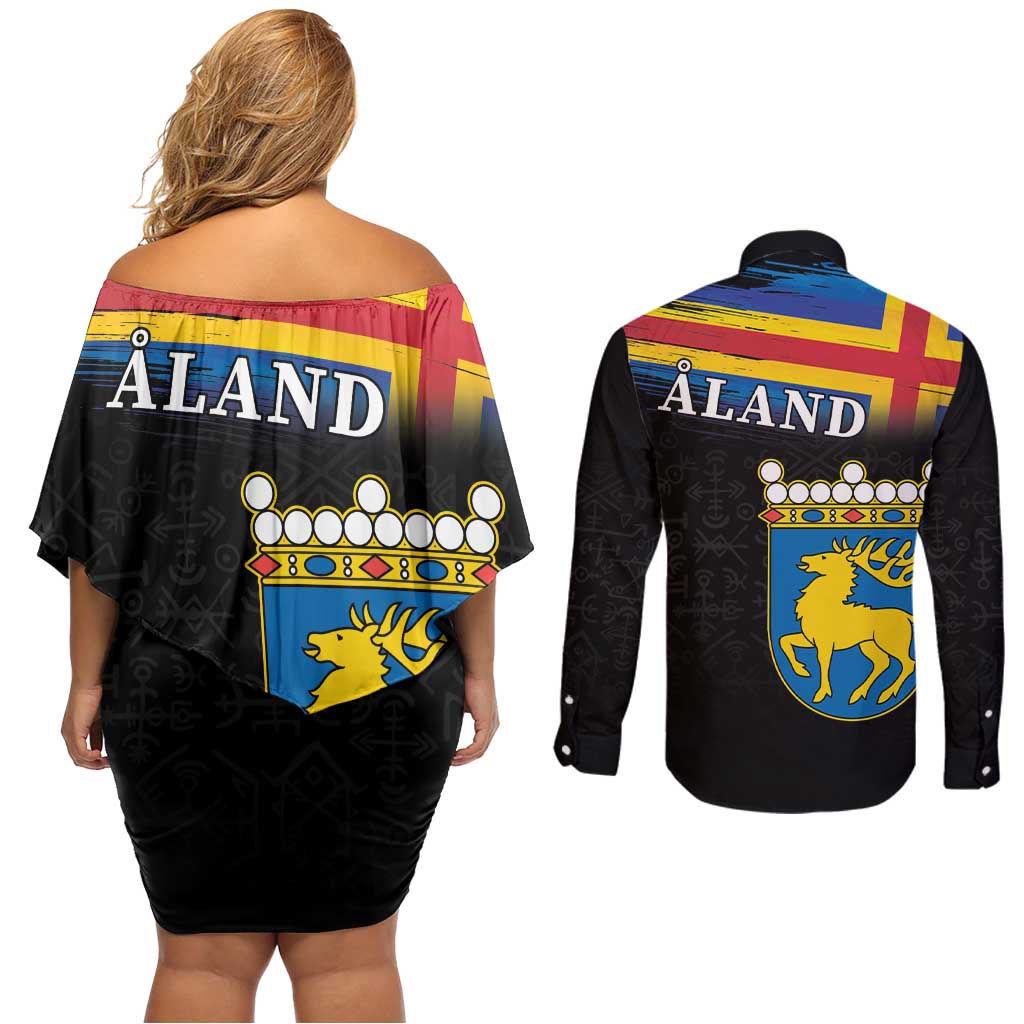 Happy Aland's Autonomy Day Couples Matching Off Shoulder Short Dress and Long Sleeve Button Shirt Coat Of Arms