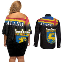 Happy Aland's Autonomy Day Couples Matching Off Shoulder Short Dress and Long Sleeve Button Shirt Coat Of Arms