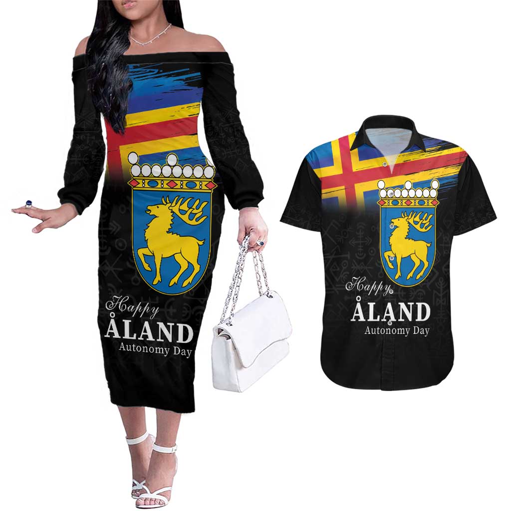 Happy Aland's Autonomy Day Couples Matching Off The Shoulder Long Sleeve Dress and Hawaiian Shirt Coat Of Arms