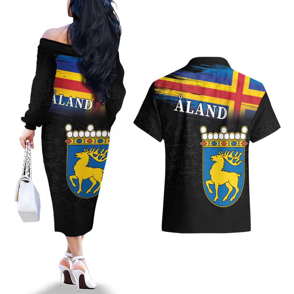 Happy Aland's Autonomy Day Couples Matching Off The Shoulder Long Sleeve Dress and Hawaiian Shirt Coat Of Arms