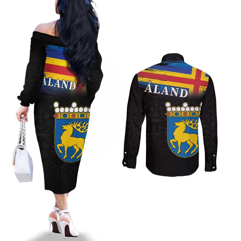 Happy Aland's Autonomy Day Couples Matching Off The Shoulder Long Sleeve Dress and Long Sleeve Button Shirt Coat Of Arms