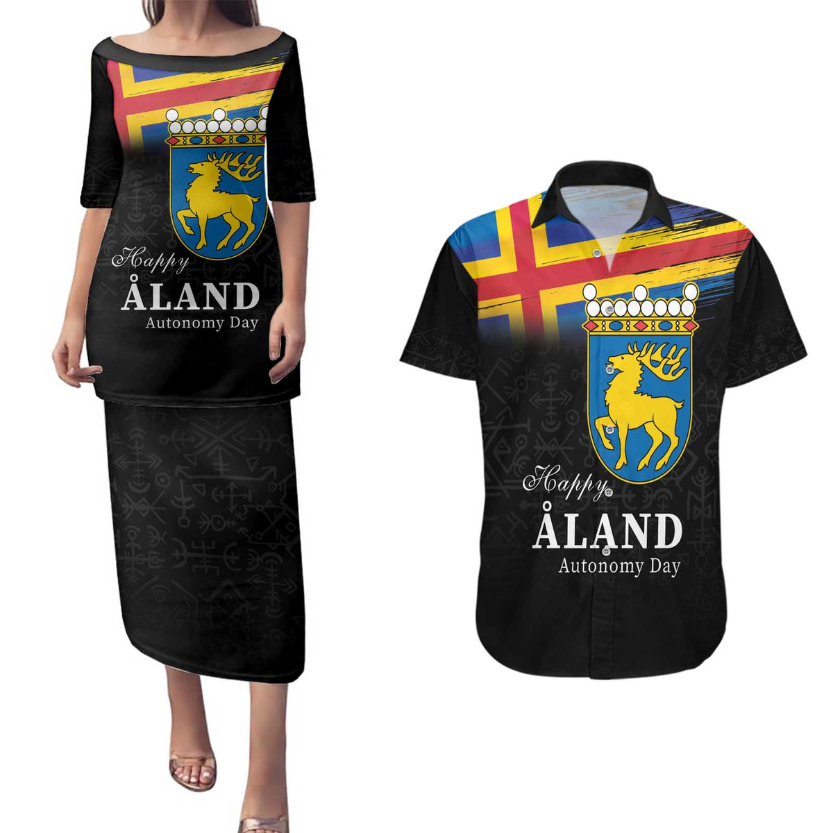Happy Aland's Autonomy Day Couples Matching Puletasi and Hawaiian Shirt Coat Of Arms