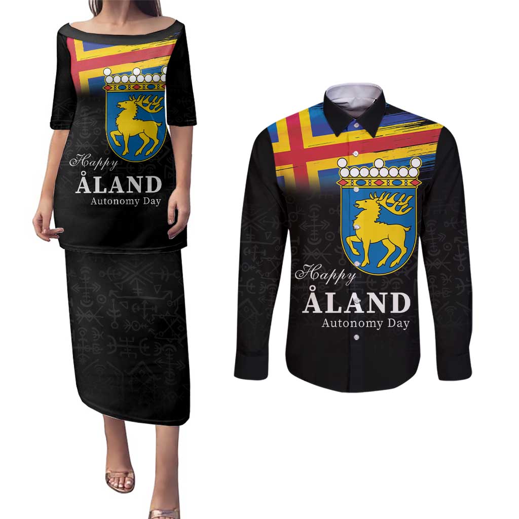 Happy Aland's Autonomy Day Couples Matching Puletasi and Long Sleeve Button Shirt Coat Of Arms