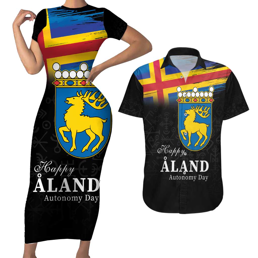 Happy Aland's Autonomy Day Couples Matching Short Sleeve Bodycon Dress and Hawaiian Shirt Coat Of Arms
