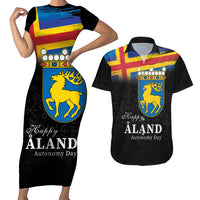Happy Aland's Autonomy Day Couples Matching Short Sleeve Bodycon Dress and Hawaiian Shirt Coat Of Arms