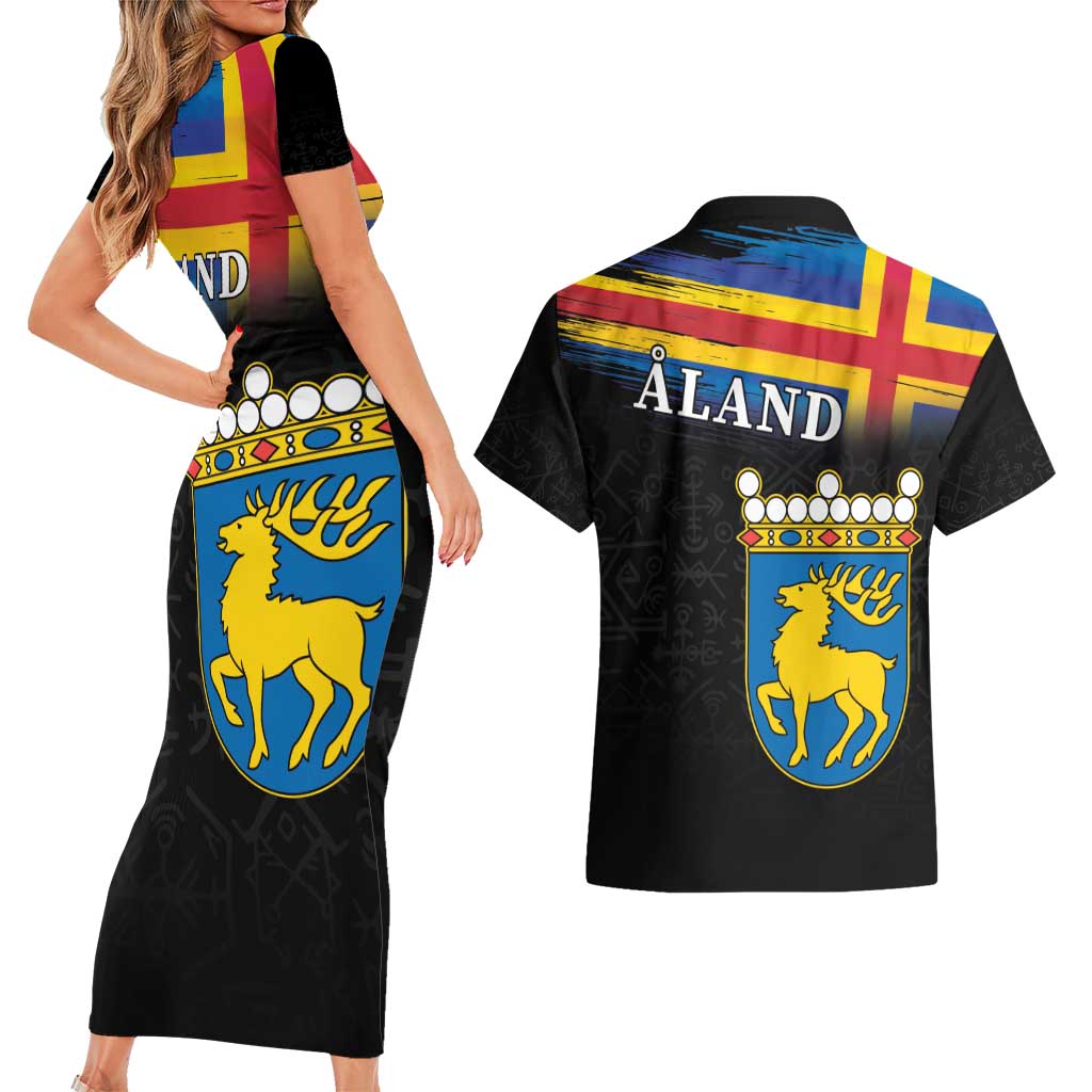 Happy Aland's Autonomy Day Couples Matching Short Sleeve Bodycon Dress and Hawaiian Shirt Coat Of Arms