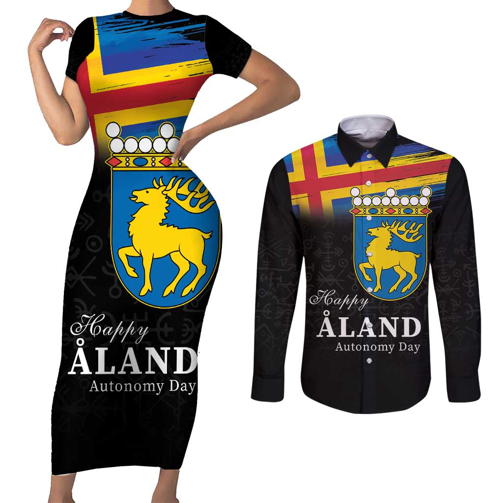 Happy Aland's Autonomy Day Couples Matching Short Sleeve Bodycon Dress and Long Sleeve Button Shirt Coat Of Arms