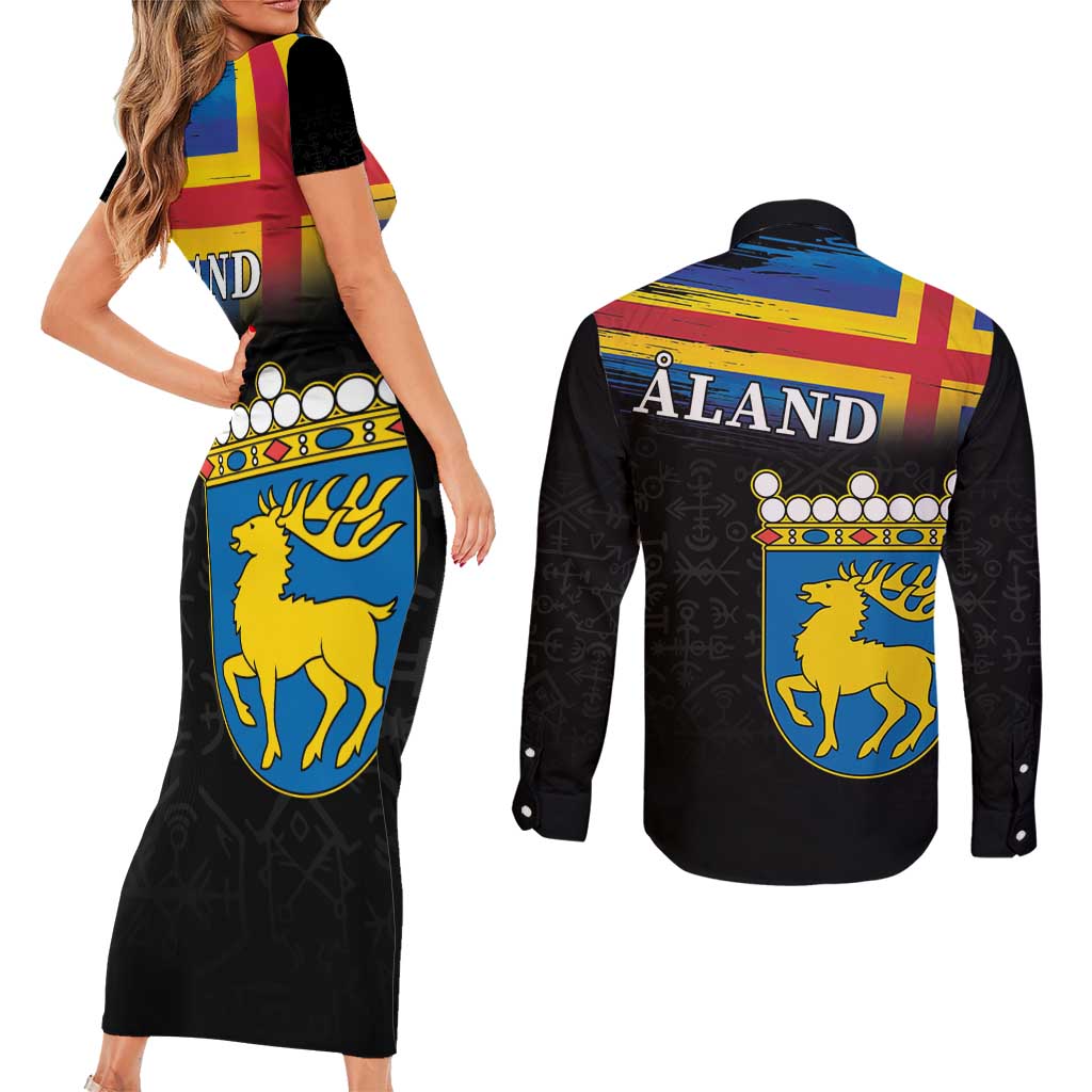 Happy Aland's Autonomy Day Couples Matching Short Sleeve Bodycon Dress and Long Sleeve Button Shirt Coat Of Arms