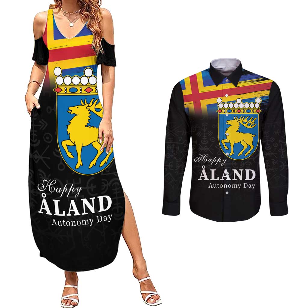 Happy Aland's Autonomy Day Couples Matching Summer Maxi Dress and Long Sleeve Button Shirt Coat Of Arms