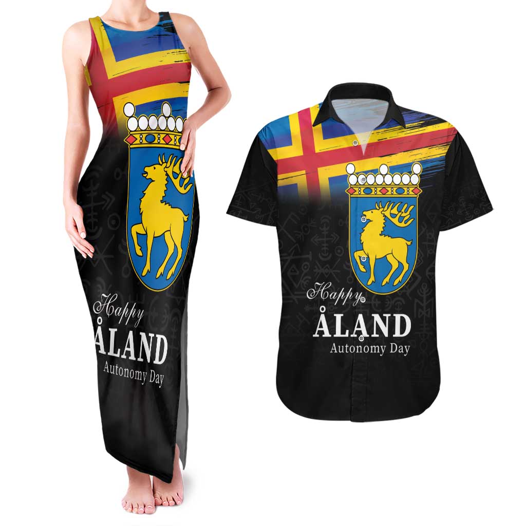 Happy Aland's Autonomy Day Couples Matching Tank Maxi Dress and Hawaiian Shirt Coat Of Arms