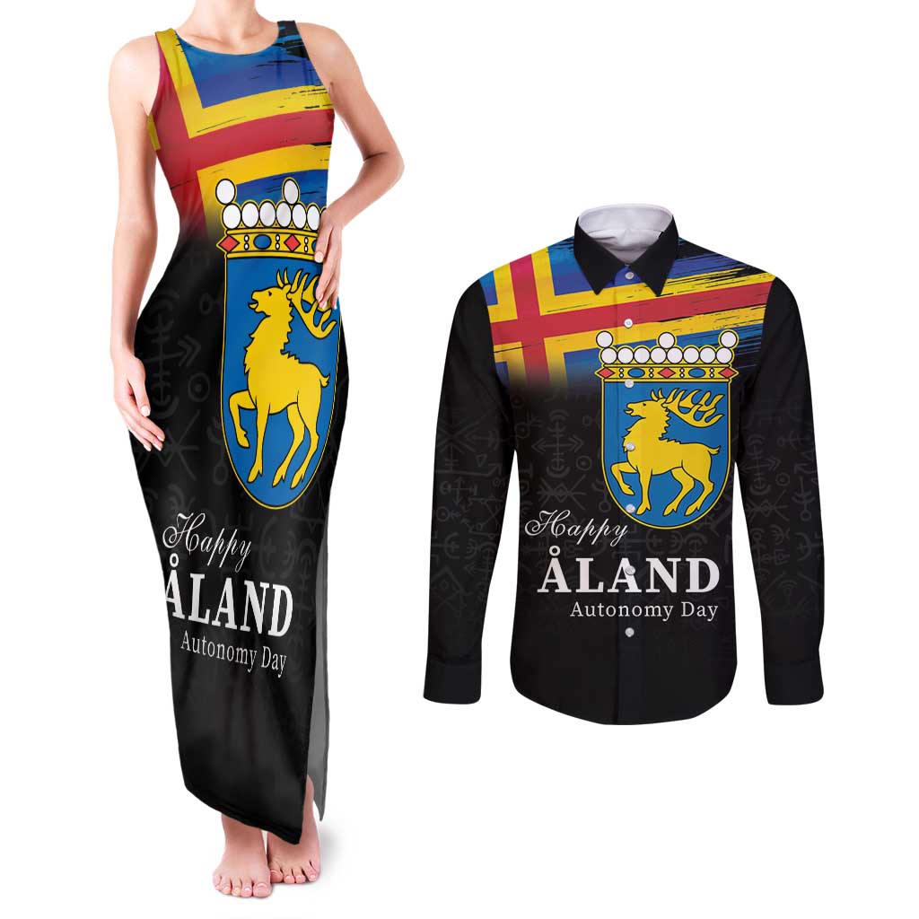 Happy Aland's Autonomy Day Couples Matching Tank Maxi Dress and Long Sleeve Button Shirt Coat Of Arms