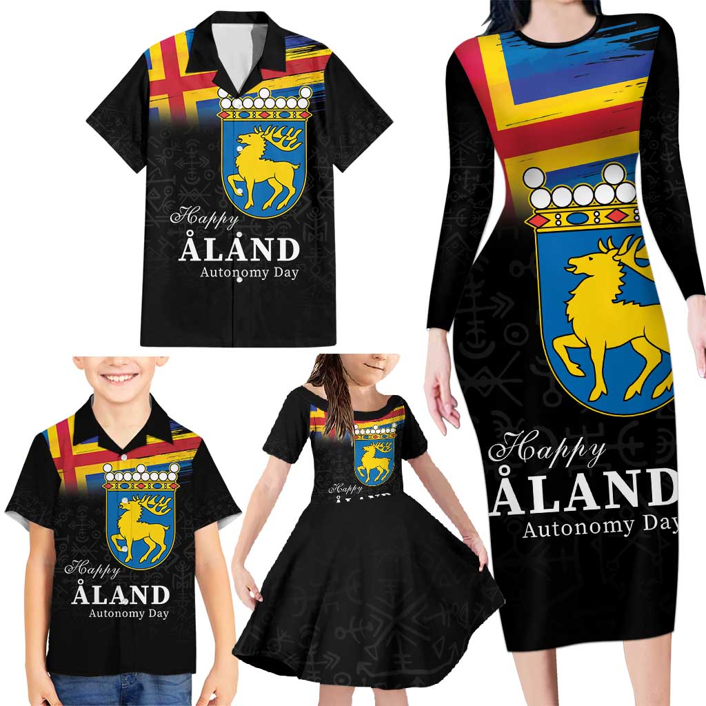 Happy Aland's Autonomy Day Family Matching Long Sleeve Bodycon Dress and Hawaiian Shirt Coat Of Arms