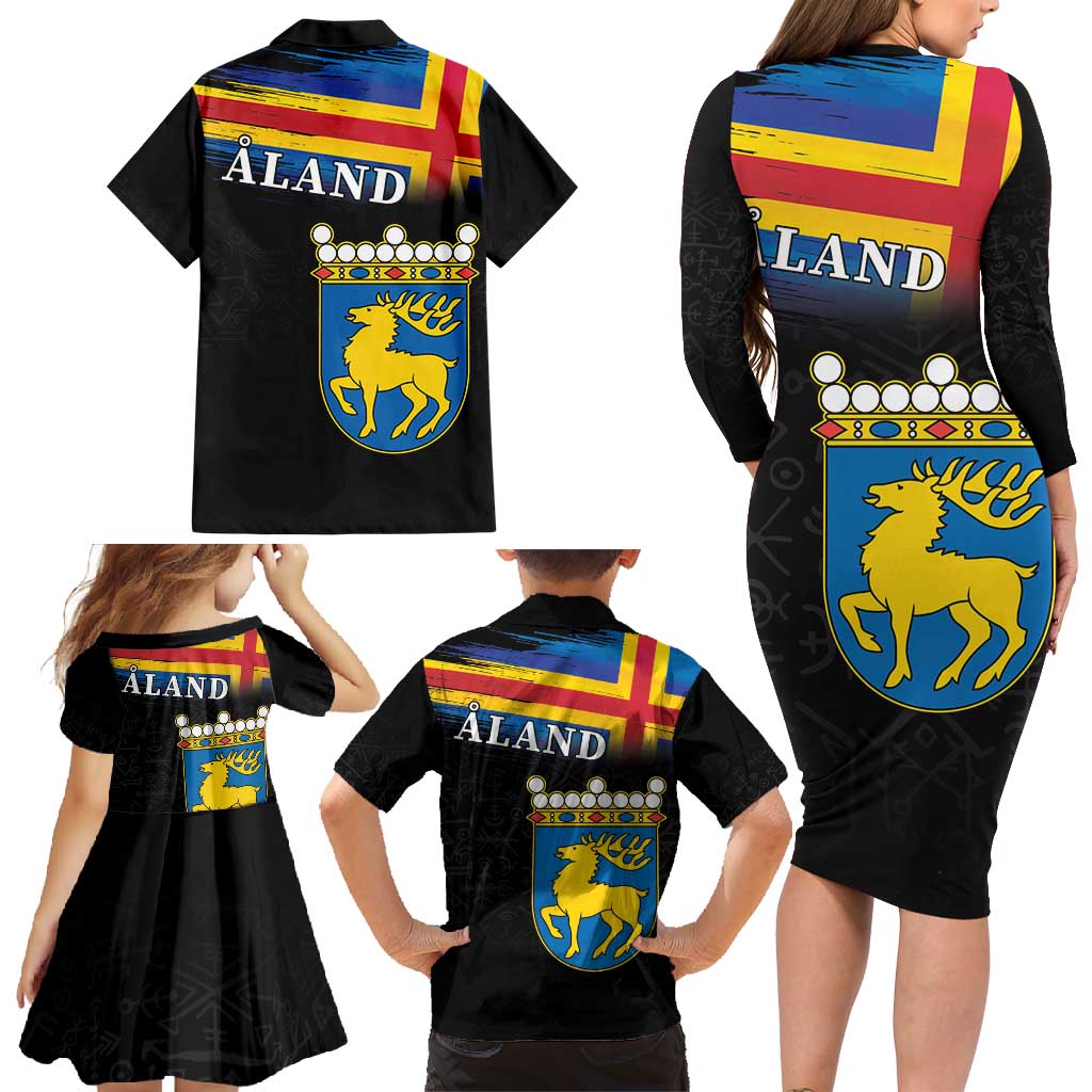 Happy Aland's Autonomy Day Family Matching Long Sleeve Bodycon Dress and Hawaiian Shirt Coat Of Arms