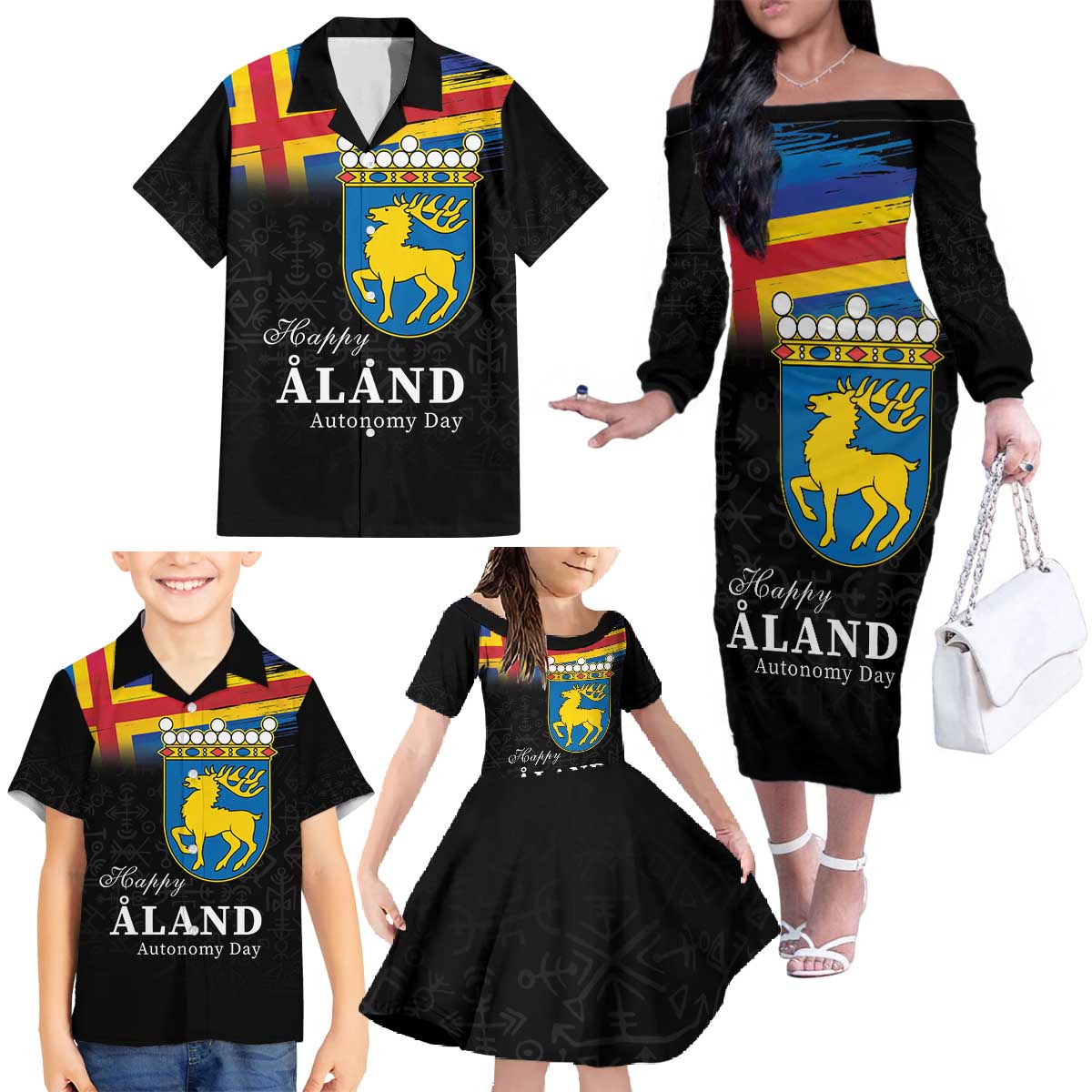 Happy Aland's Autonomy Day Family Matching Off The Shoulder Long Sleeve Dress and Hawaiian Shirt Coat Of Arms