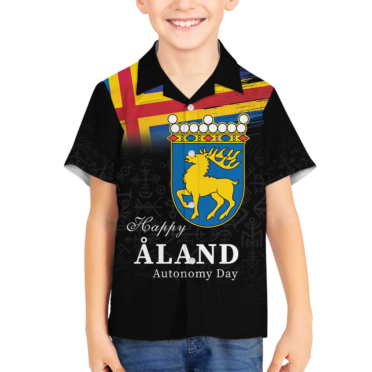 Happy Aland's Autonomy Day Family Matching Off The Shoulder Long Sleeve Dress and Hawaiian Shirt Coat Of Arms