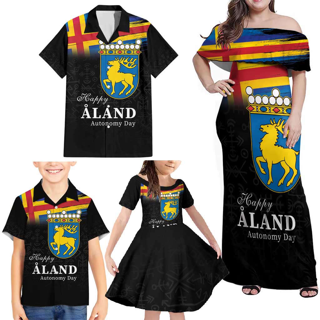 Happy Aland's Autonomy Day Family Matching Off Shoulder Maxi Dress and Hawaiian Shirt Coat Of Arms