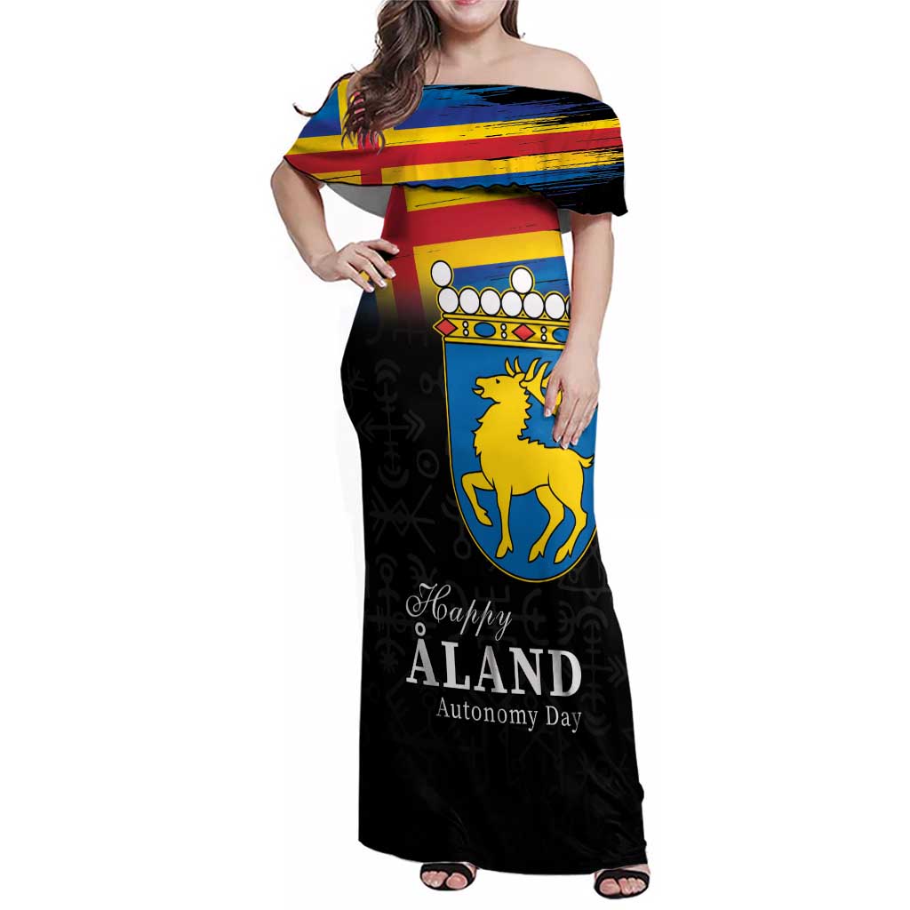 Happy Aland's Autonomy Day Family Matching Off Shoulder Maxi Dress and Hawaiian Shirt Coat Of Arms