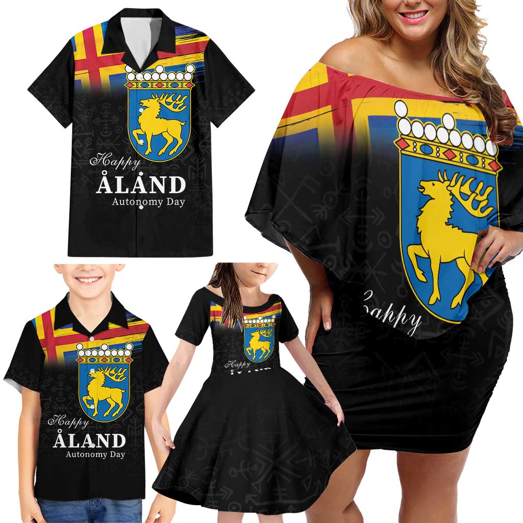 Happy Aland's Autonomy Day Family Matching Off Shoulder Short Dress and Hawaiian Shirt Coat Of Arms