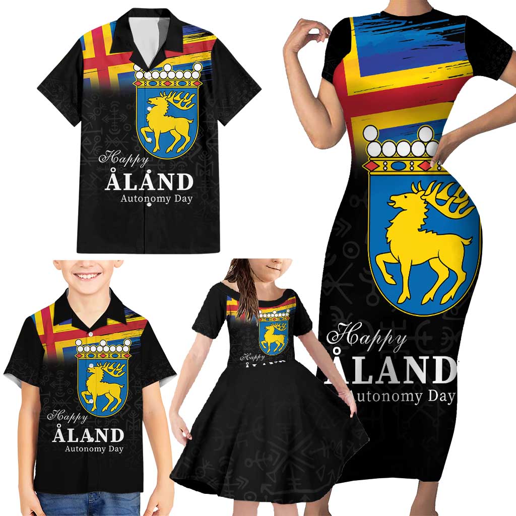 Happy Aland's Autonomy Day Family Matching Short Sleeve Bodycon Dress and Hawaiian Shirt Coat Of Arms