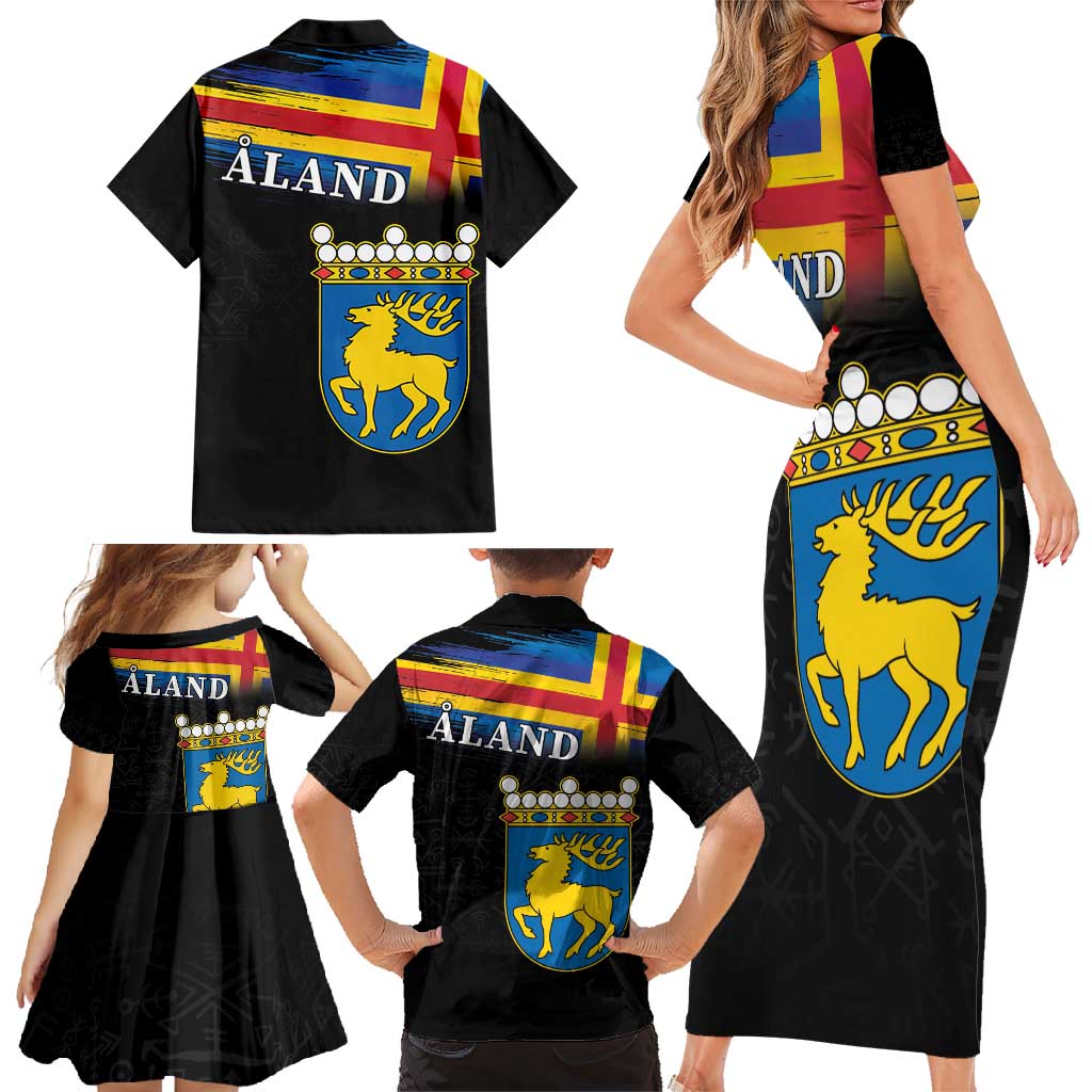Happy Aland's Autonomy Day Family Matching Short Sleeve Bodycon Dress and Hawaiian Shirt Coat Of Arms