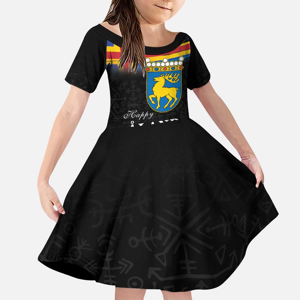 Happy Aland's Autonomy Day Kid Short Sleeve Dress Coat Of Arms