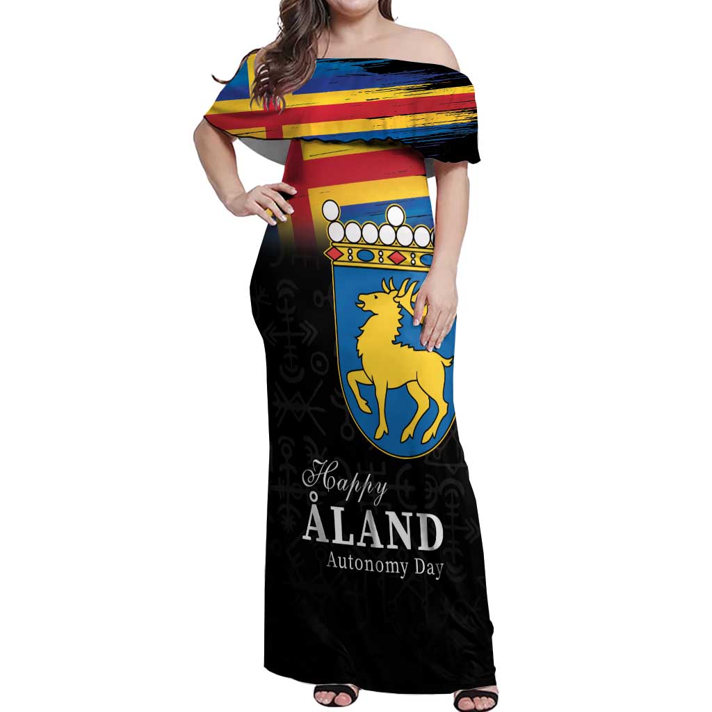 Happy Aland's Autonomy Day Off Shoulder Maxi Dress Coat Of Arms