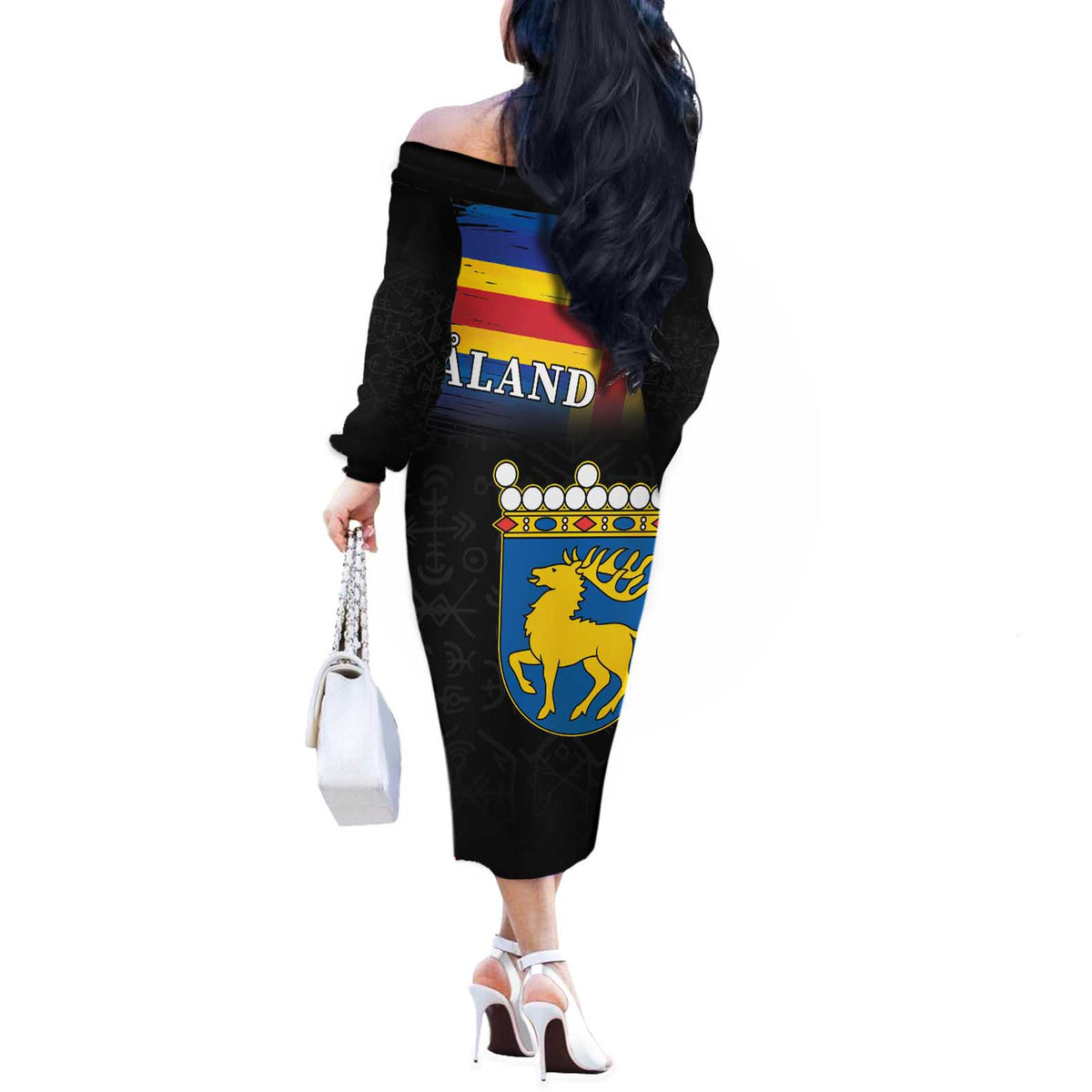 Happy Aland's Autonomy Day Off The Shoulder Long Sleeve Dress Coat Of Arms