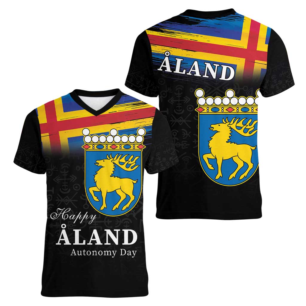 Happy Aland's Autonomy Day Women V-Neck T-Shirt Coat Of Arms