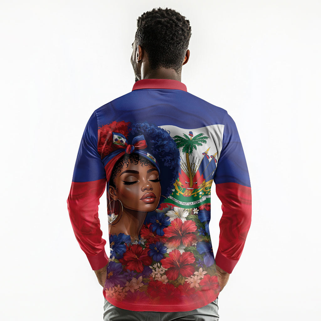 Haitian Princess Long Sleeve Polo Shirt Cultural Pride Floral Art