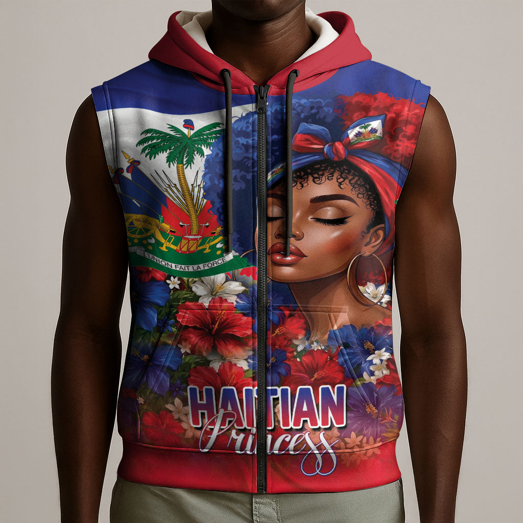 Haitian Princess Sleeveless Zip Hoodie Cultural Pride Floral Art