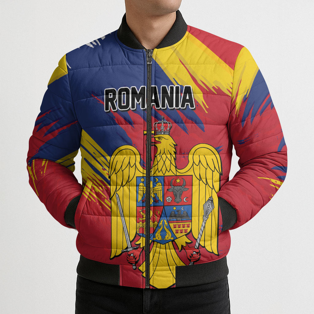 Personalized Romania Flag Day Bomber Puffer Jacket Royal Eagle Patriotic Heritage