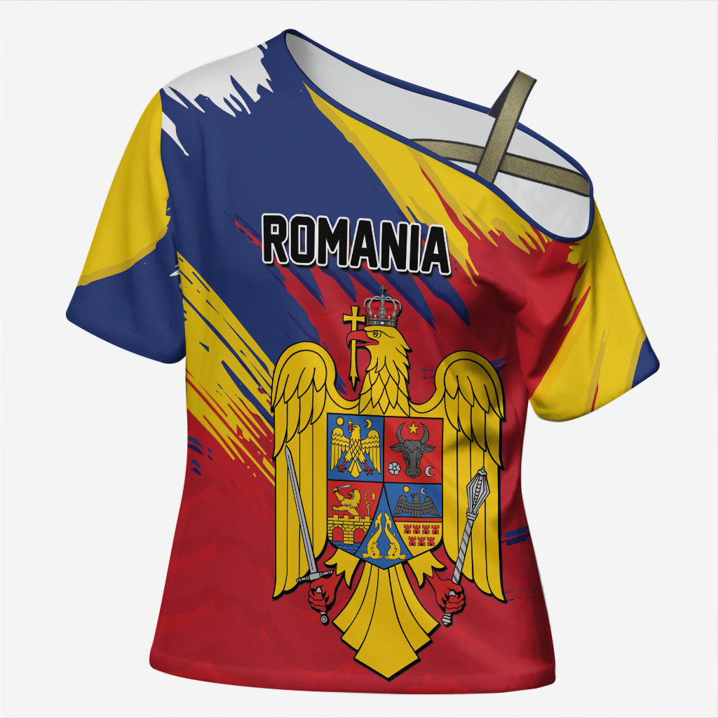 Personalized Romania Flag Day Cross Shoulder Shirt Royal Eagle Patriotic Heritage