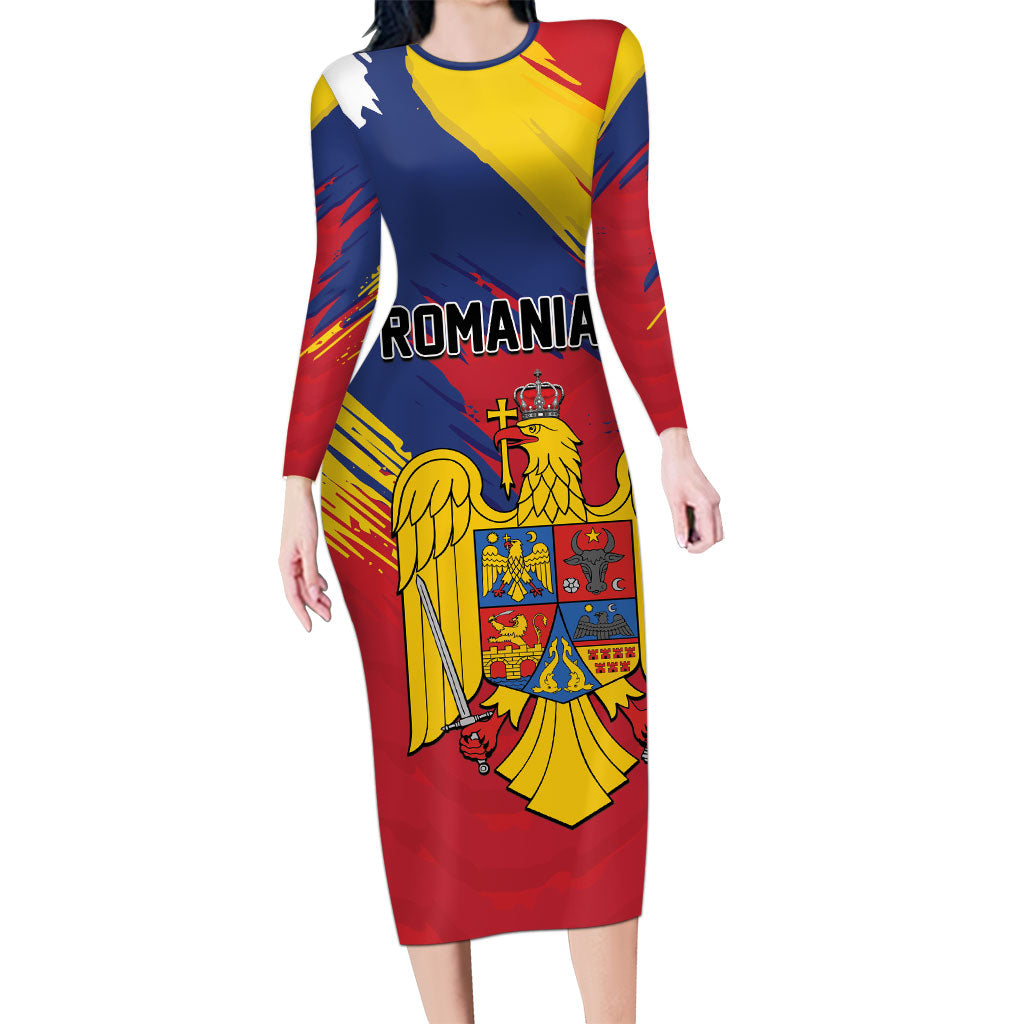 Personalized Romania Flag Day Long Sleeve Bodycon Dress Royal Eagle Patriotic Heritage